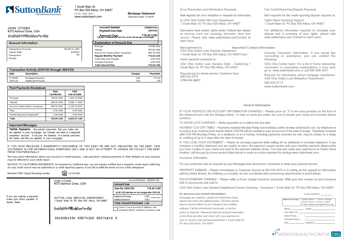 Download USA Ohio Sutton bank mortgage statement in Word and PDF formats Photoshop template